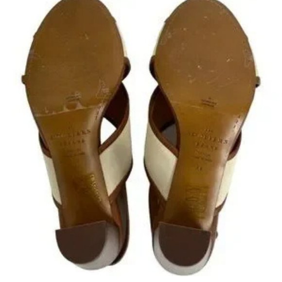 Sezane High Maud Sandals Linen Camel Block Heel Size 38 French or US 7 Cross - Picture 8 of 10